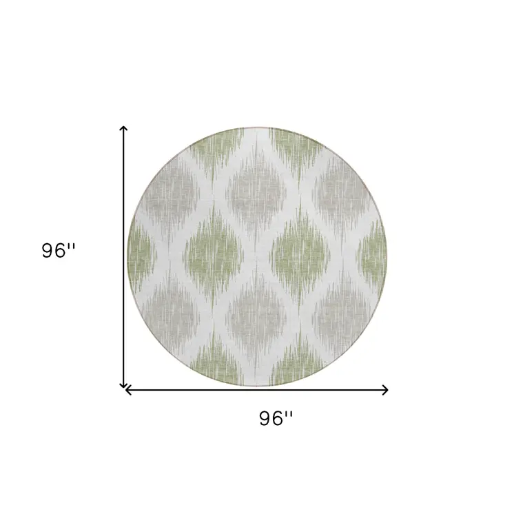 8' Artichoke Green Ivory And Gray Round Ikat Washable Indoor Outdoor Area Rug