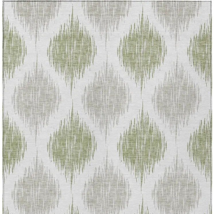 8' X 10' Artichoke Green Ivory And Gray Ikat Washable Indoor Outdoor Area Rug