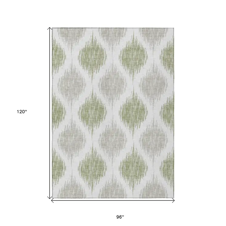 8' X 10' Artichoke Green Ivory And Gray Ikat Washable Indoor Outdoor Area Rug