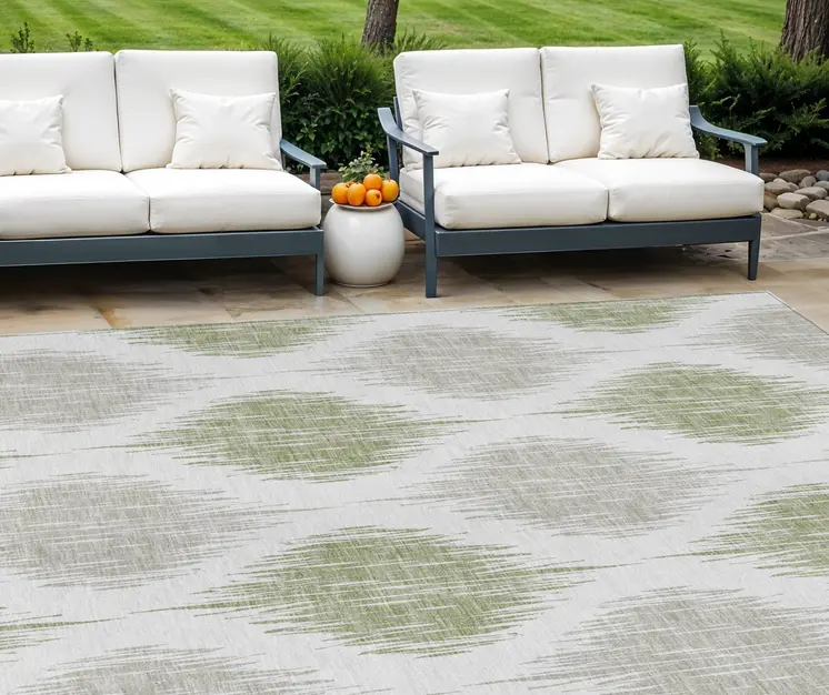 8' X 10' Artichoke Green Ivory And Gray Ikat Washable Indoor Outdoor Area Rug