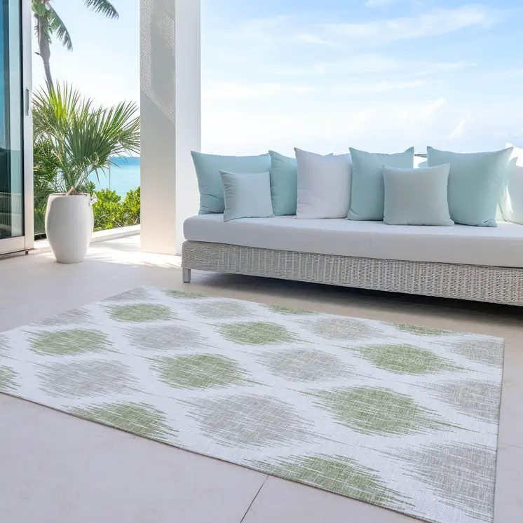 8' X 10' Artichoke Green Ivory And Gray Ikat Washable Indoor Outdoor Area Rug