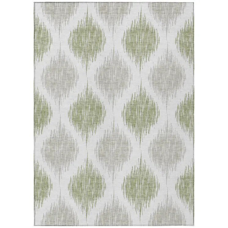 8' X 10' Artichoke Green Ivory And Gray Ikat Washable Indoor Outdoor Area Rug