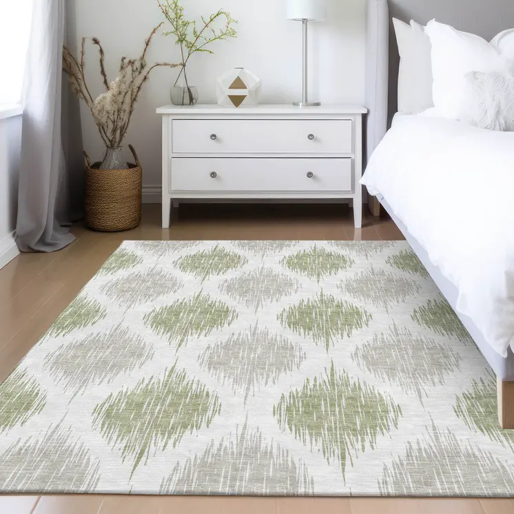 8' X 10' Artichoke Green Ivory And Gray Ikat Washable Indoor Outdoor Area Rug
