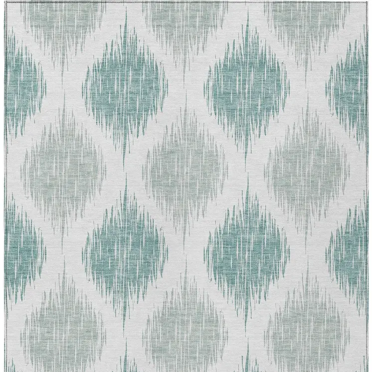 3' X 5' Aqua Teal Blue And Ivory Ikat Washable Indoor Outdoor Area Rug