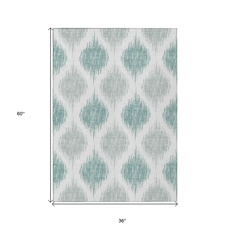 3' X 5' Aqua Teal Blue And Ivory Ikat Washable Indoor Outdoor Area Rug