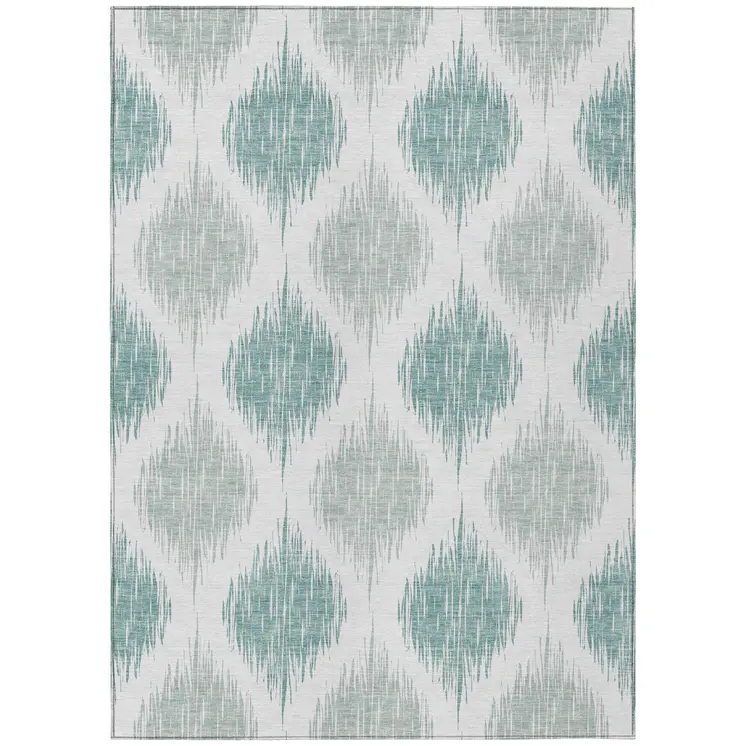 3' X 5' Aqua Teal Blue And Ivory Ikat Washable Indoor Outdoor Area Rug