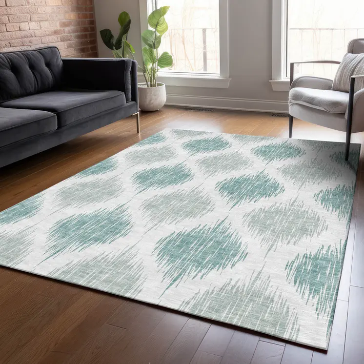 3' X 5' Aqua Teal Blue And Ivory Ikat Washable Indoor Outdoor Area Rug
