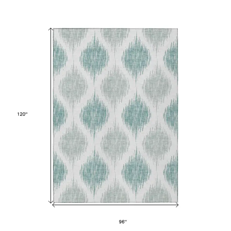 8' X 10' Aqua Teal Blue And Ivory Ikat Washable Indoor Outdoor Area Rug