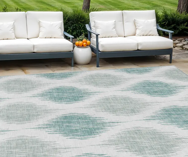 8' X 10' Aqua Teal Blue And Ivory Ikat Washable Indoor Outdoor Area Rug