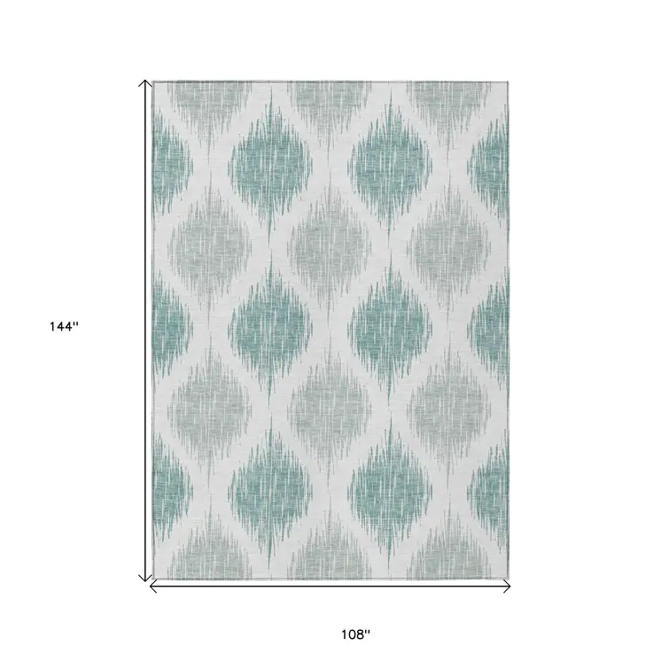 9' X 12' Aqua Teal Blue And Ivory Ikat Washable Indoor Outdoor Area Rug