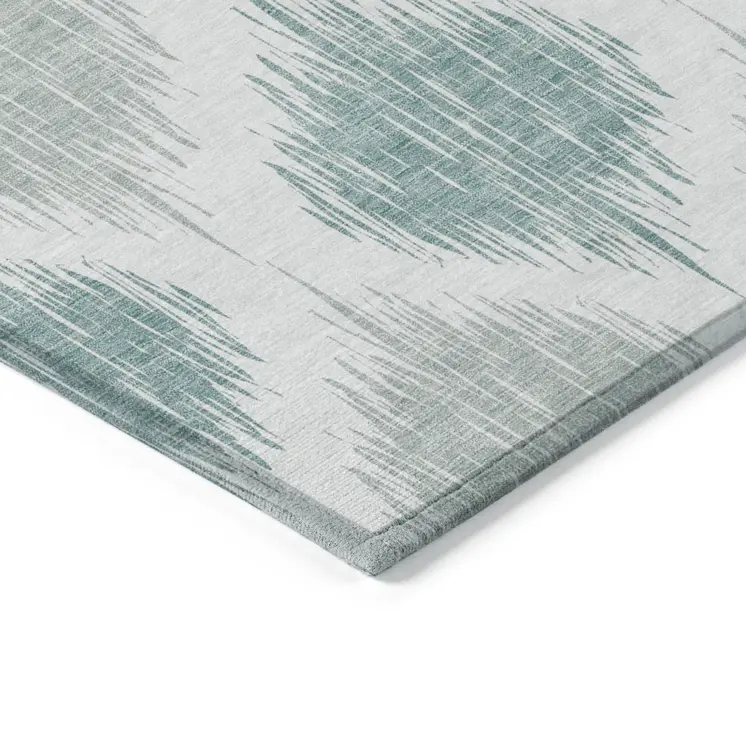 9' X 12' Aqua Teal Blue And Ivory Ikat Washable Indoor Outdoor Area Rug
