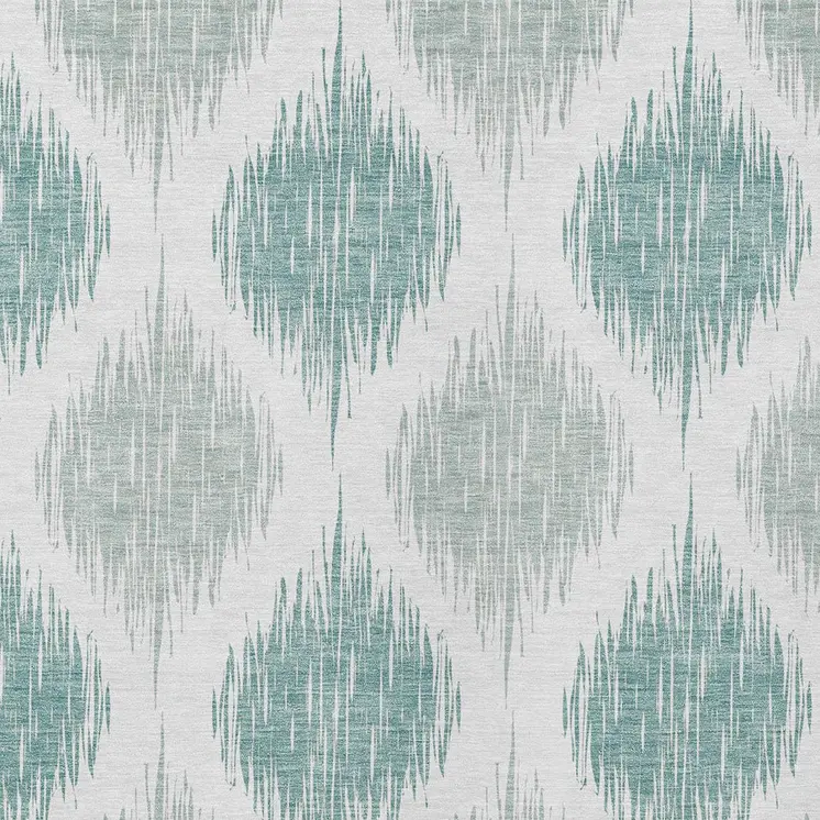 9' X 12' Aqua Teal Blue And Ivory Ikat Washable Indoor Outdoor Area Rug