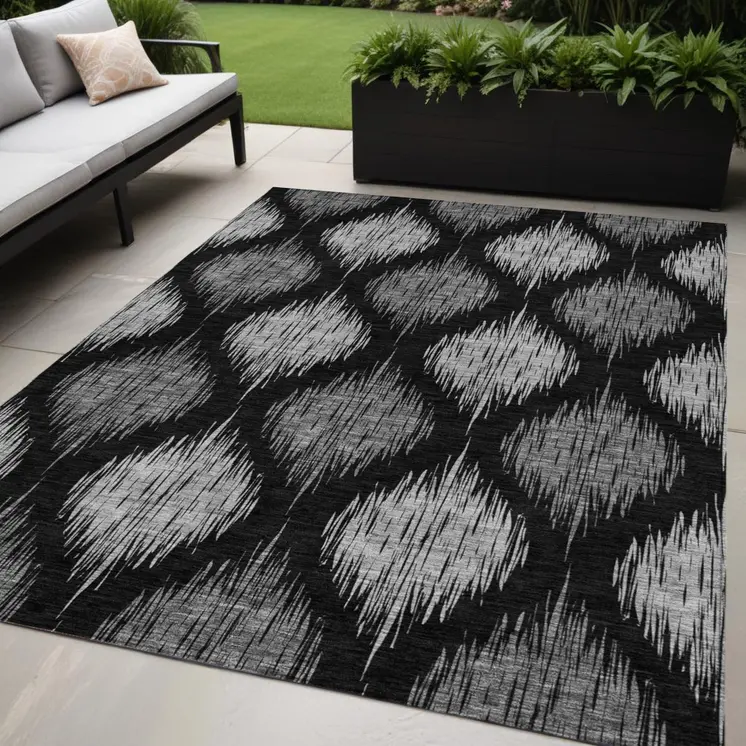 5' X 8' Black Silver And Gray Ikat Washable Indoor Outdoor Area Rug
