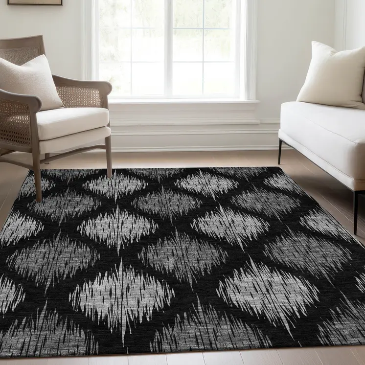 5' X 8' Black Silver And Gray Ikat Washable Indoor Outdoor Area Rug