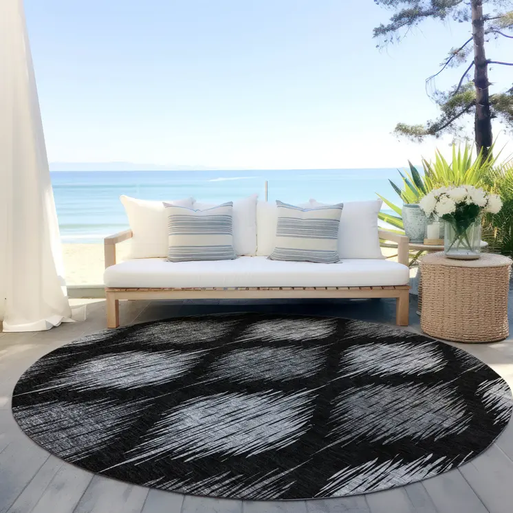 8' Black Silver And Gray Round Ikat Washable Indoor Outdoor Area Rug
