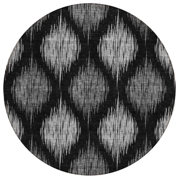8' Black Silver And Gray Round Ikat Washable Indoor Outdoor Area Rug