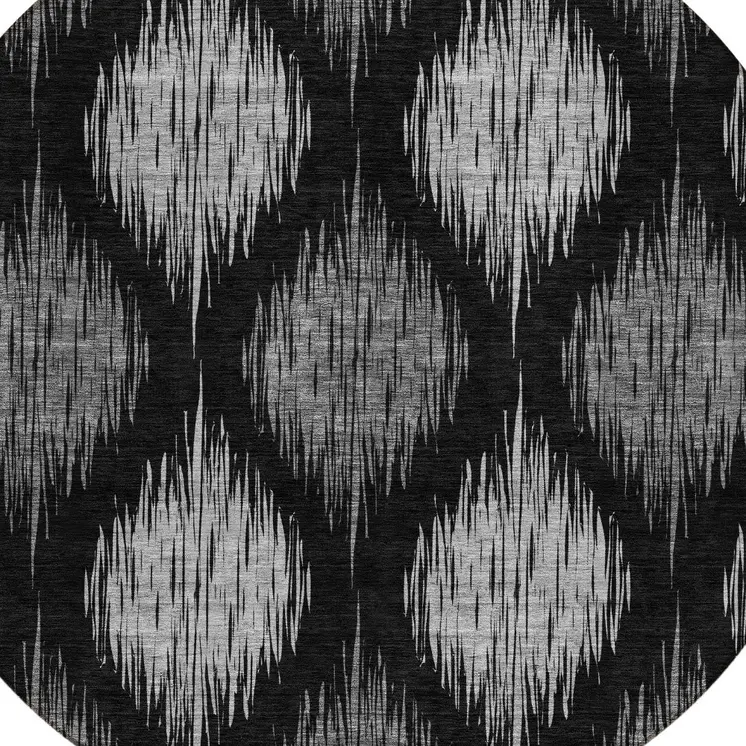 8' Black Silver And Gray Round Ikat Washable Indoor Outdoor Area Rug