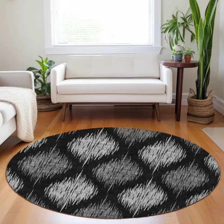 8' Black Silver And Gray Round Ikat Washable Indoor Outdoor Area Rug