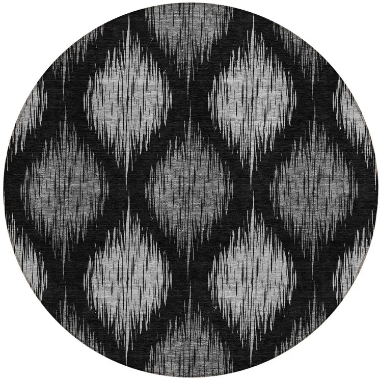 8' Black Silver And Gray Round Ikat Washable Indoor Outdoor Area Rug