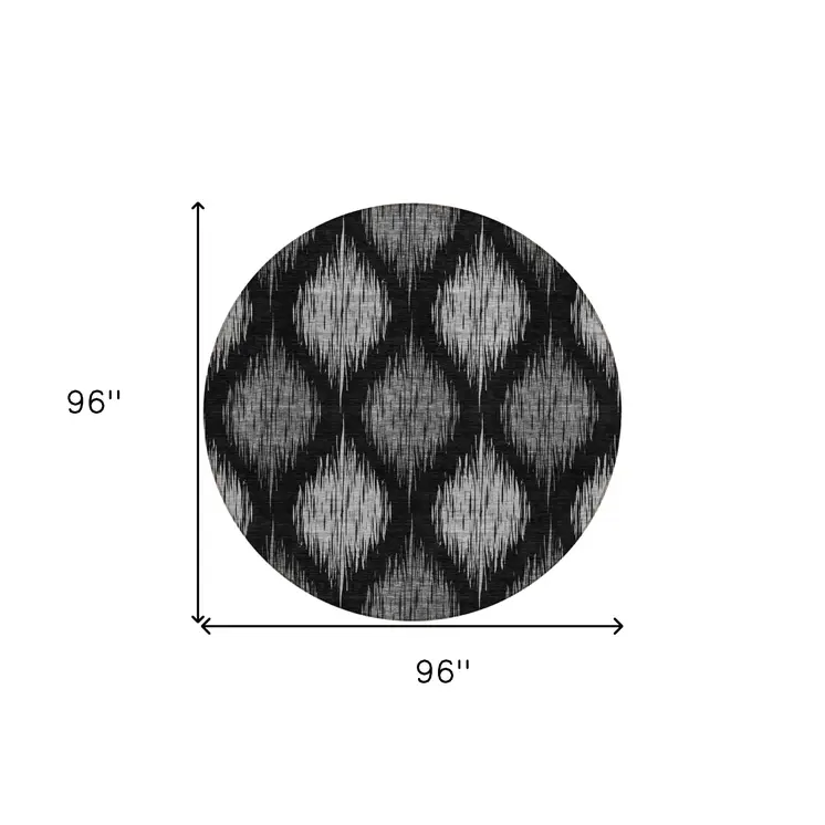 8' Black Silver And Gray Round Ikat Washable Indoor Outdoor Area Rug