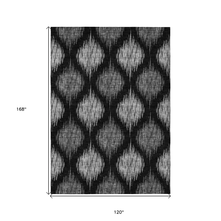 10' X 14' Black Silver And Gray Ikat Washable Indoor Outdoor Area Rug