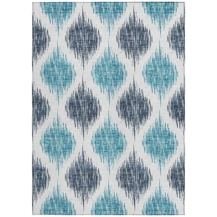3' X 5' Teal Blue And Ivory Ikat Washable Indoor Outdoor Area Rug