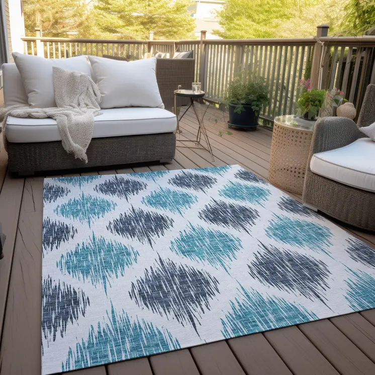 3' X 5' Teal Blue And Ivory Ikat Washable Indoor Outdoor Area Rug