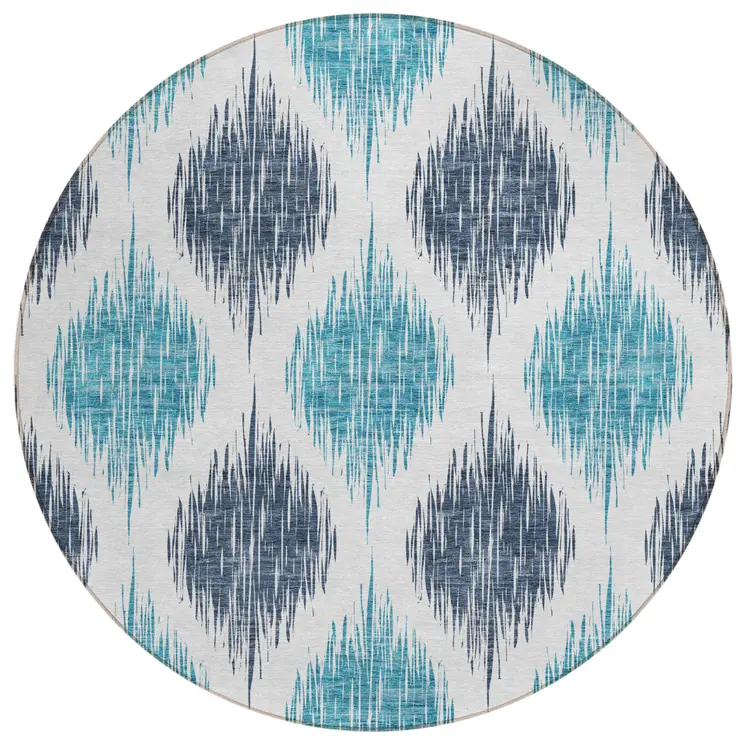 8' Teal Blue And Ivory Round Ikat Washable Indoor Outdoor Area Rug