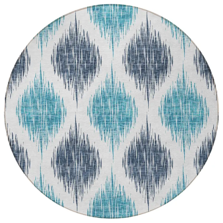 8' Teal Blue And Ivory Round Ikat Washable Indoor Outdoor Area Rug
