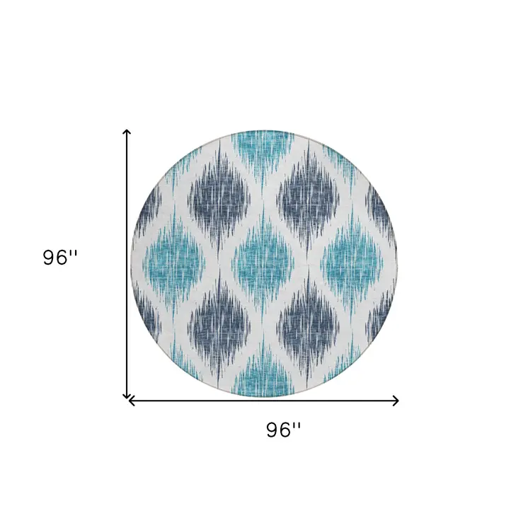 8' Teal Blue And Ivory Round Ikat Washable Indoor Outdoor Area Rug