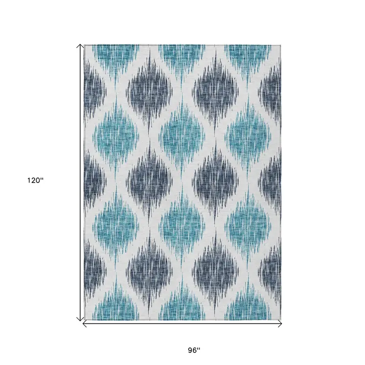 8' X 10' Teal Blue And Ivory Ikat Washable Indoor Outdoor Area Rug