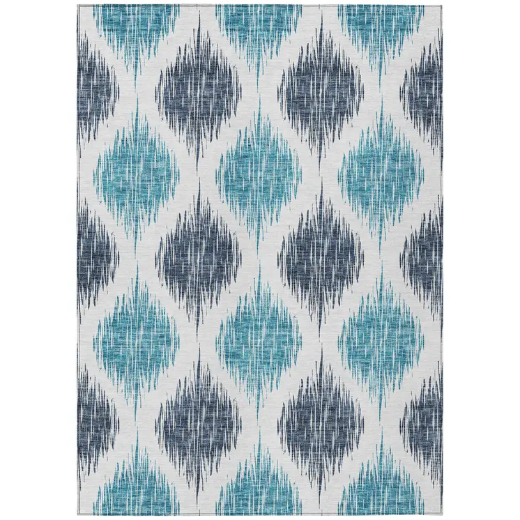 10' X 14' Teal Blue And Ivory Ikat Washable Indoor Outdoor Area Rug