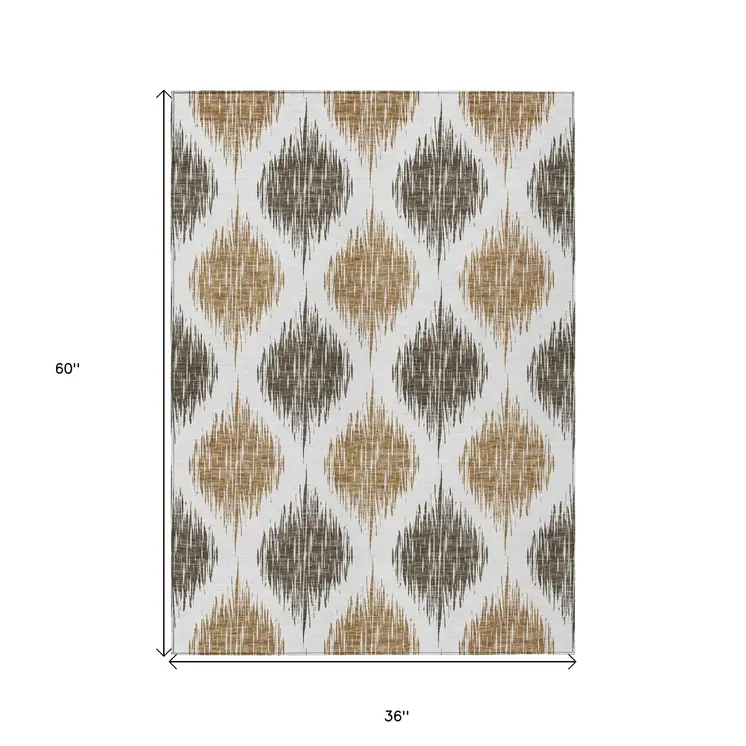 3' X 5' Chocolate And Ivory Ikat Washable Indoor Outdoor Area Rug