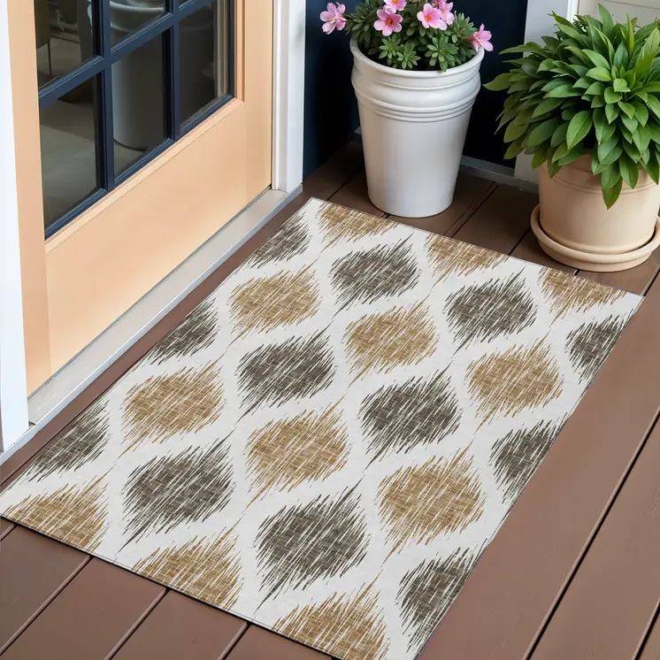 3' X 5' Chocolate And Ivory Ikat Washable Indoor Outdoor Area Rug
