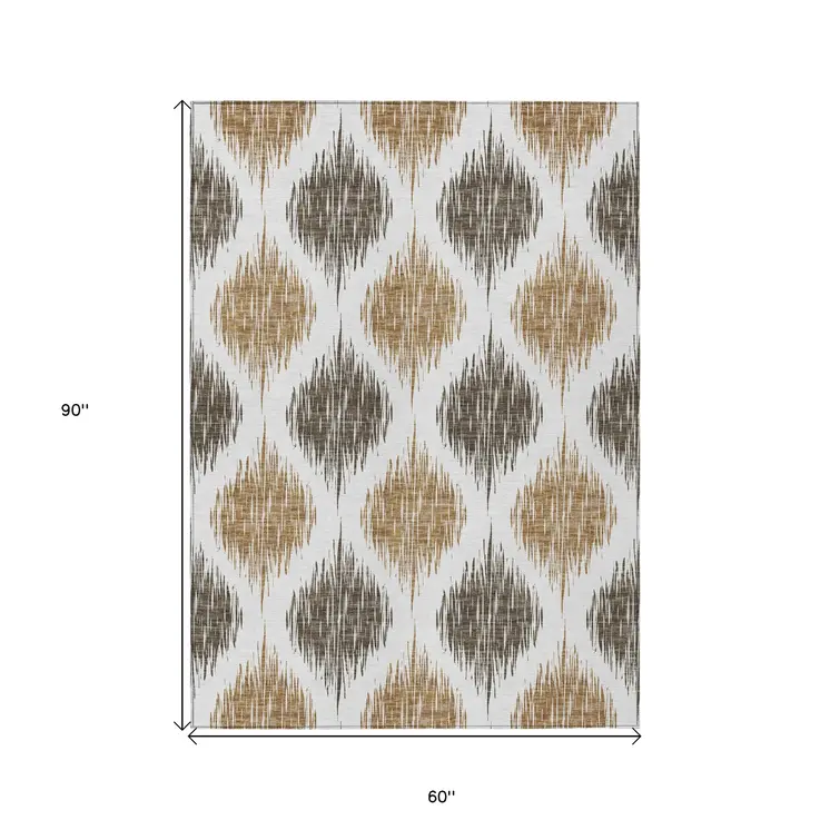 5' X 8' Chocolate And Ivory Ikat Washable Indoor Outdoor Area Rug