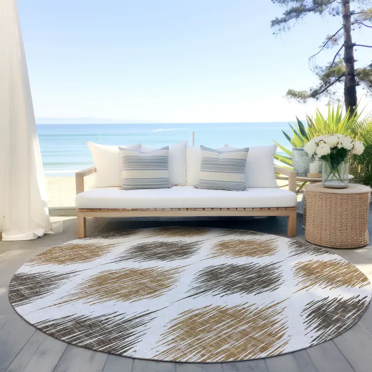 8' Chocolate And Ivory Round Ikat Washable Indoor Outdoor Area Rug