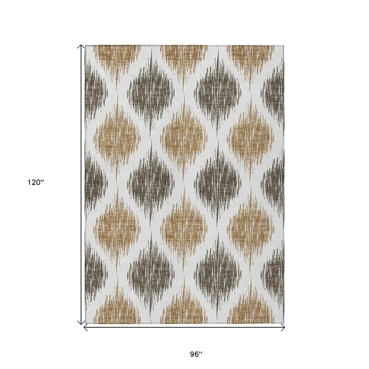 8' X 10' Chocolate And Ivory Ikat Washable Indoor Outdoor Area Rug