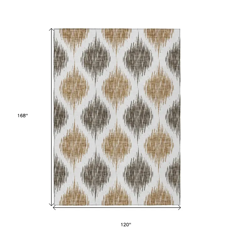 10' X 14' Chocolate And Ivory Ikat Washable Indoor Outdoor Area Rug