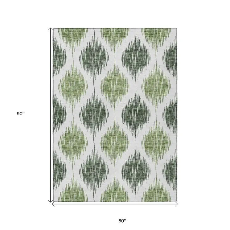 5' X 8' Fern Green And Ivory Ikat Washable Indoor Outdoor Area Rug