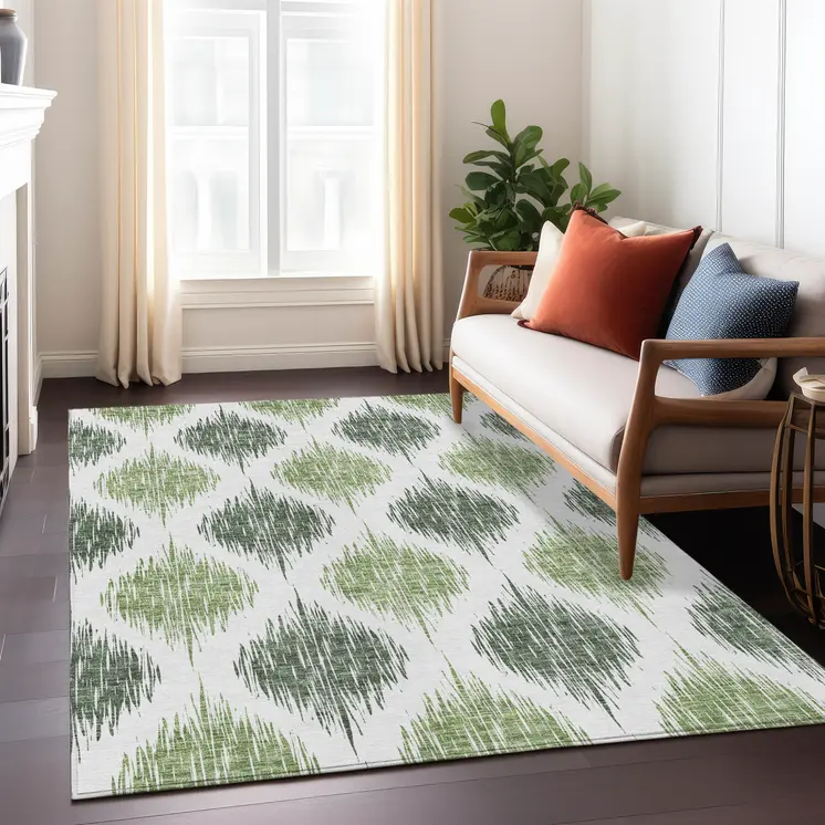 5' X 8' Fern Green And Ivory Ikat Washable Indoor Outdoor Area Rug