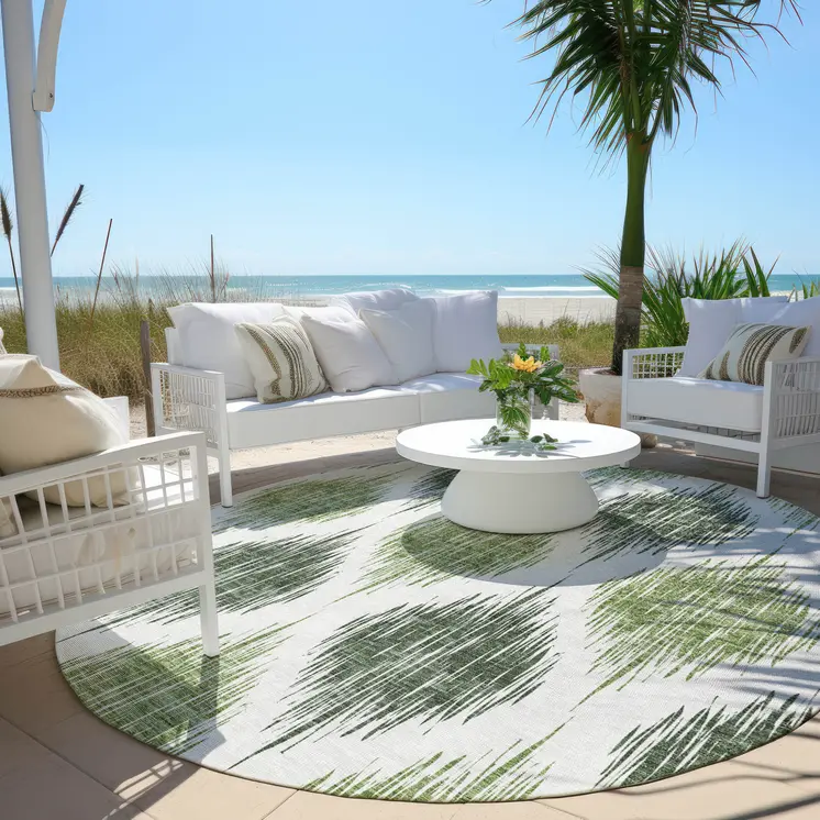 8' Fern Green And Ivory Round Ikat Washable Indoor Outdoor Area Rug
