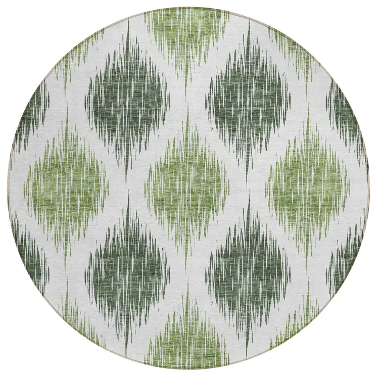 8' Fern Green And Ivory Round Ikat Washable Indoor Outdoor Area Rug