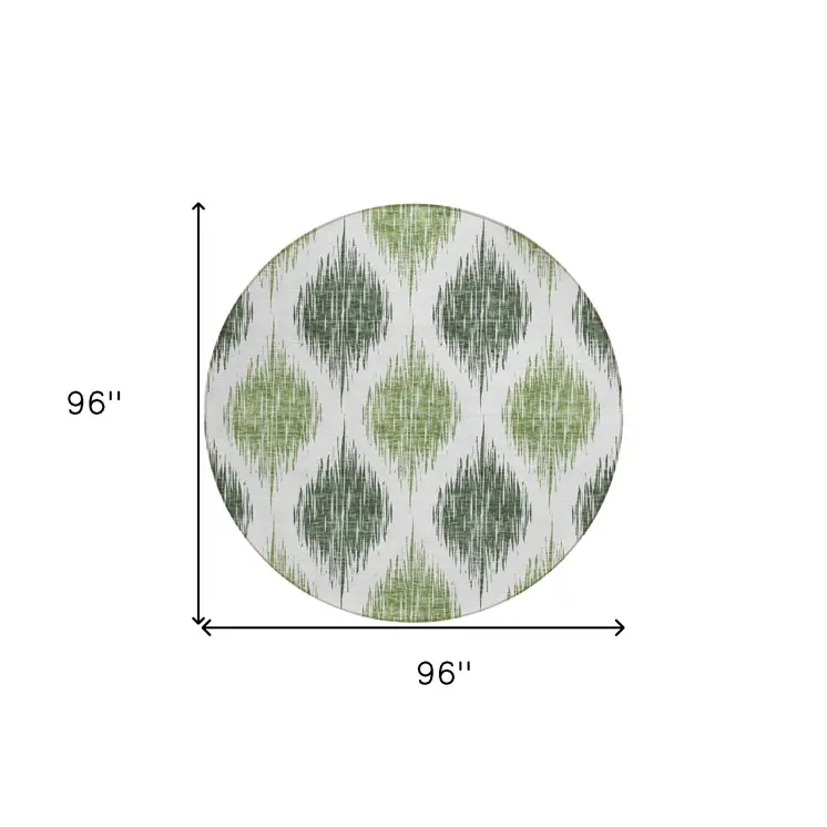 8' Fern Green And Ivory Round Ikat Washable Indoor Outdoor Area Rug