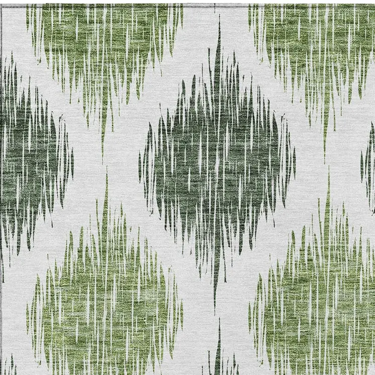 9' X 12' Fern Green And Ivory Ikat Washable Indoor Outdoor Area Rug