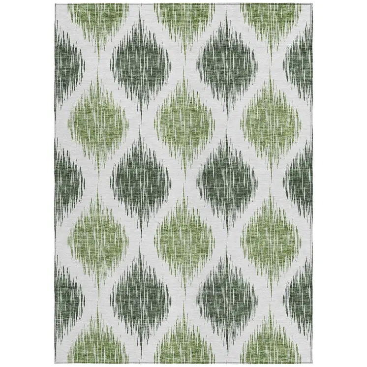 10' X 14' Fern Green And Ivory Ikat Washable Indoor Outdoor Area Rug