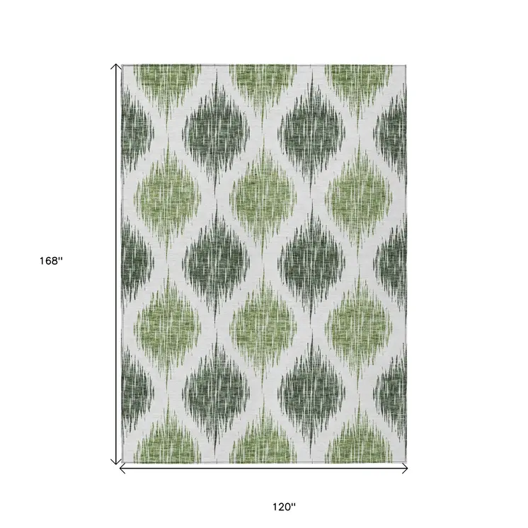 10' X 14' Fern Green And Ivory Ikat Washable Indoor Outdoor Area Rug
