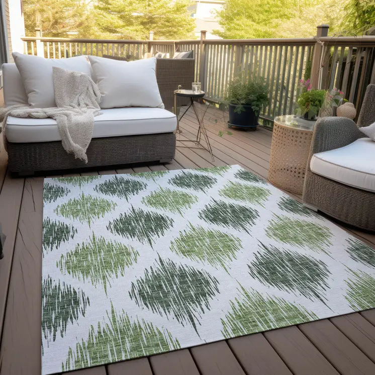 10' X 14' Fern Green And Ivory Ikat Washable Indoor Outdoor Area Rug
