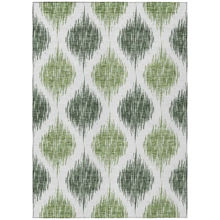 10' X 14' Fern Green And Ivory Ikat Washable Indoor Outdoor Area Rug