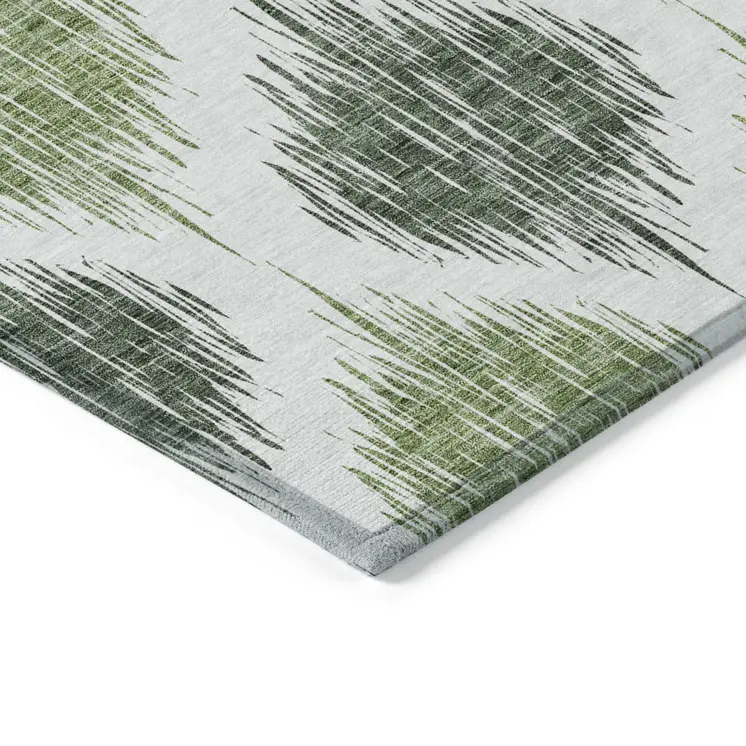10' X 14' Fern Green And Ivory Ikat Washable Indoor Outdoor Area Rug