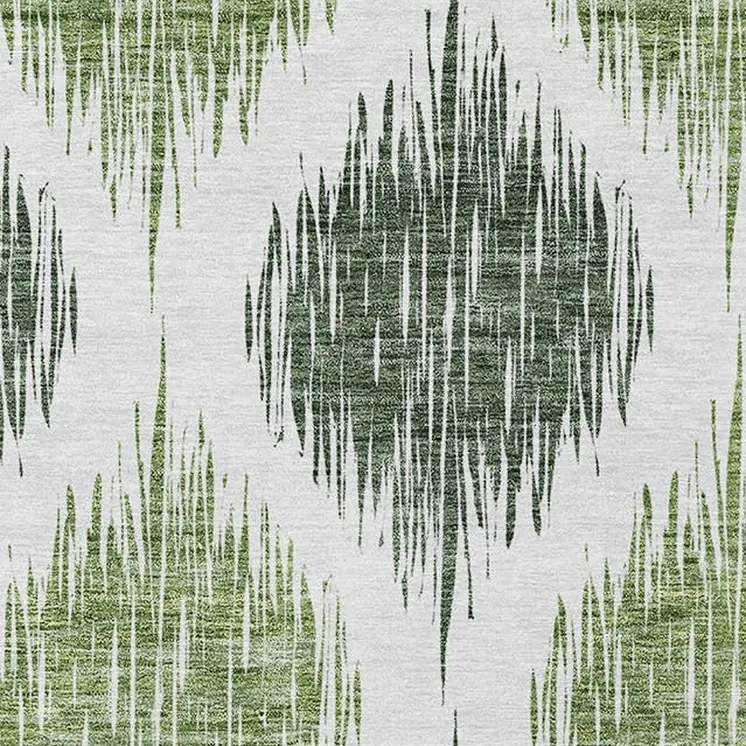 10' X 14' Fern Green And Ivory Ikat Washable Indoor Outdoor Area Rug